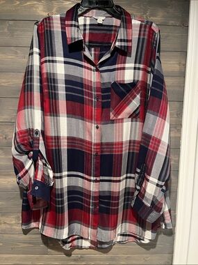 NWOT Cato Maroon & Navy Plaid Button-Up long shirt 18/20